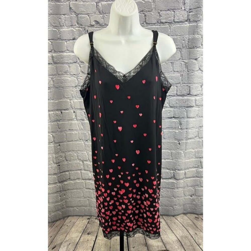 Soma Cool Nights Lace Trim Chemise Floating Hearts‎ Black Size XL NWT Nightgown